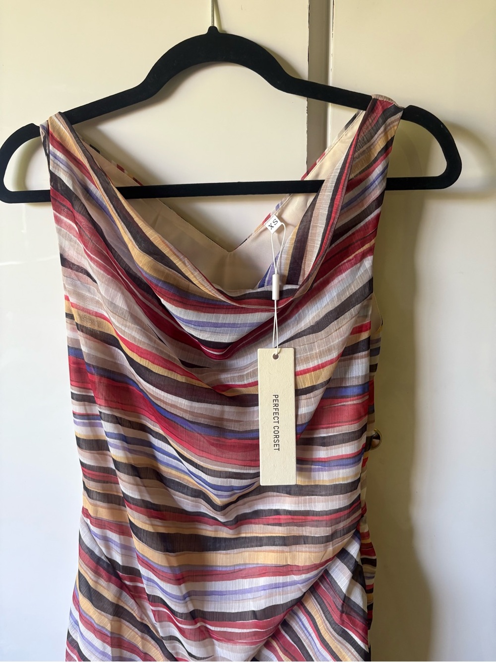 Perfect Corset Striped Cowl-Neck Midi Dress in Multi-Color